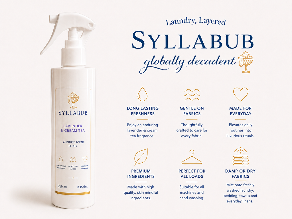 Lavender & Cream Tea Laundry Elixir by SYLLABUB 250ml | Luxury Fabric Fragrance Spray UK
