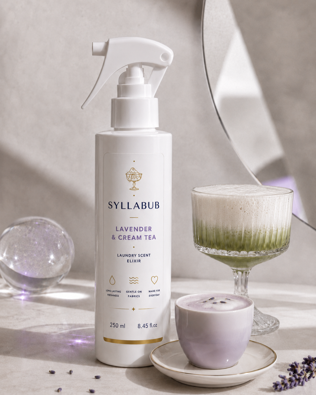 Lavender & Cream Tea Laundry Elixir by SYLLABUB 250ml | Luxury Fabric Fragrance Spray UK