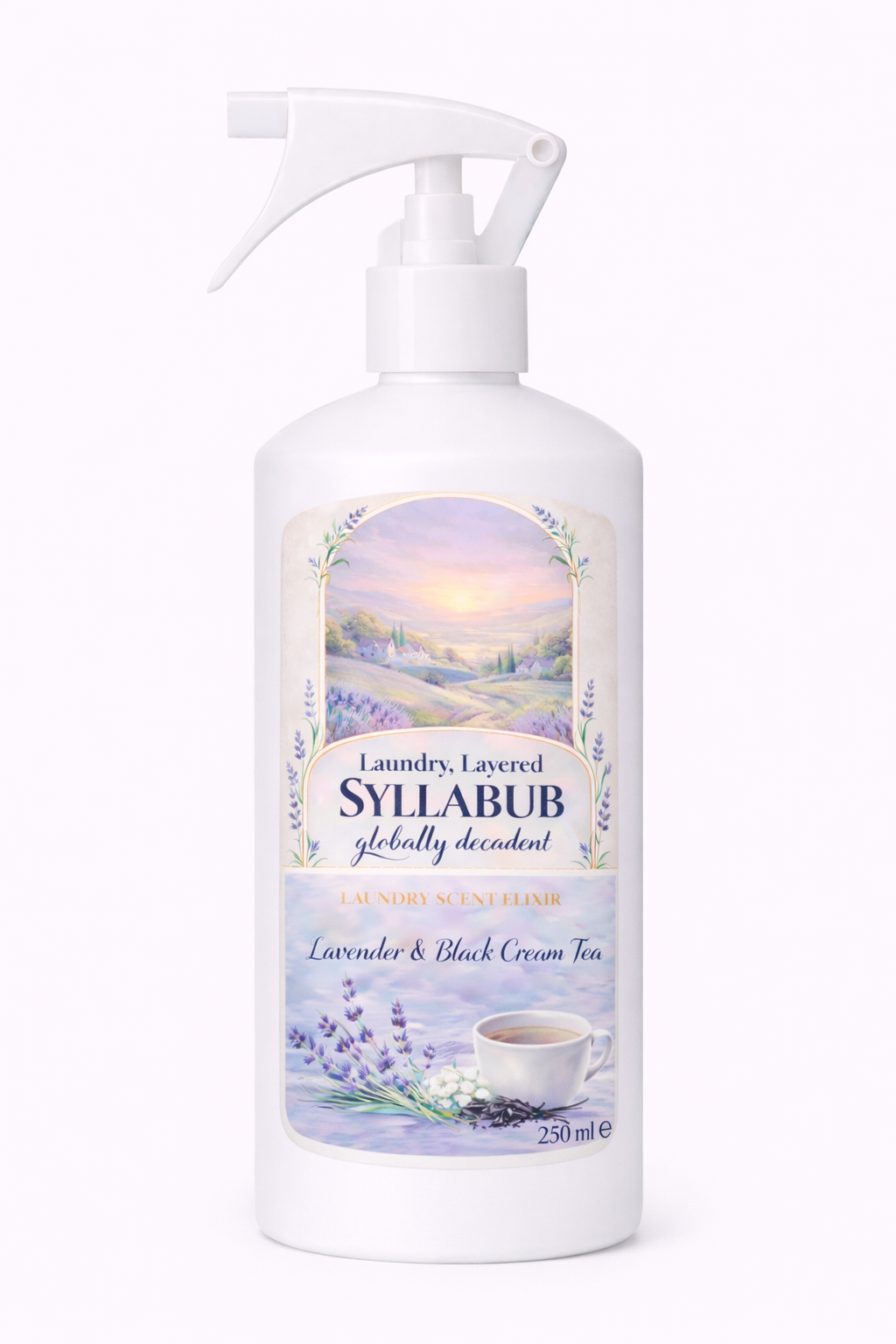 Syllabub laundry detergent bottle with lavender and black cream tea label on a white background