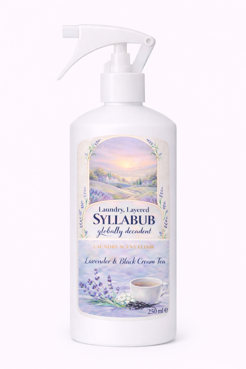 Syllabub laundry detergent bottle with lavender and black cream tea label on a white background