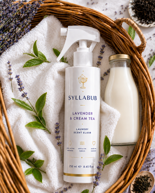 Lavender & Cream Tea Laundry Elixir by SYLLABUB 250ml | Luxury Fabric Fragrance Spray UK
