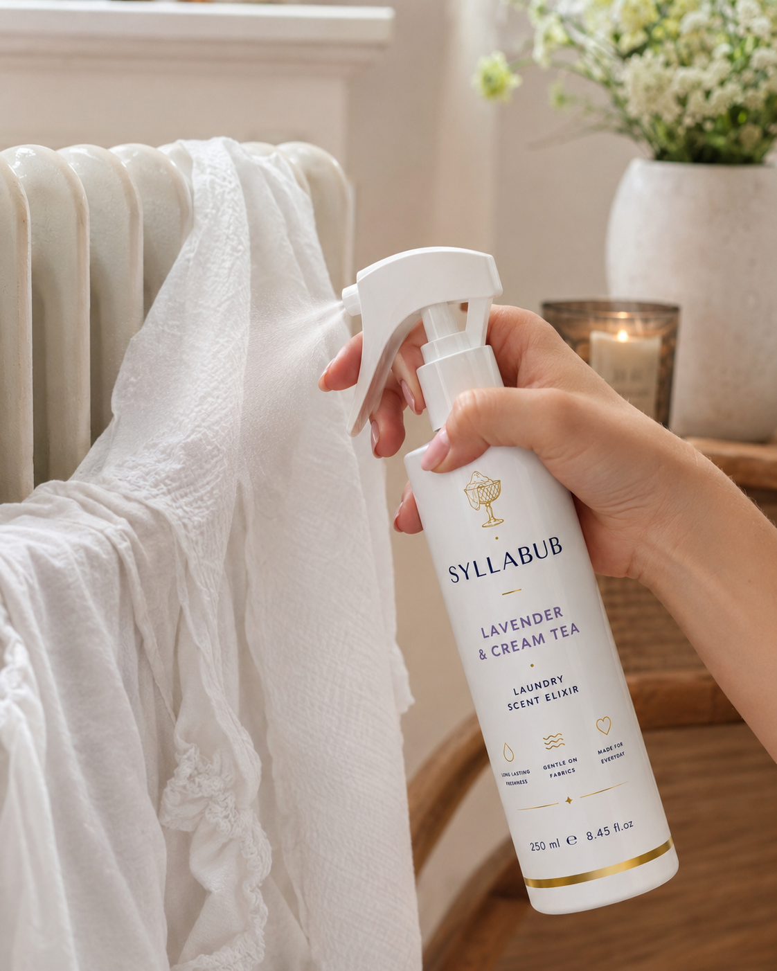 Lavender & Cream Tea Laundry Elixir by SYLLABUB 250ml | Luxury Fabric Fragrance Spray UK