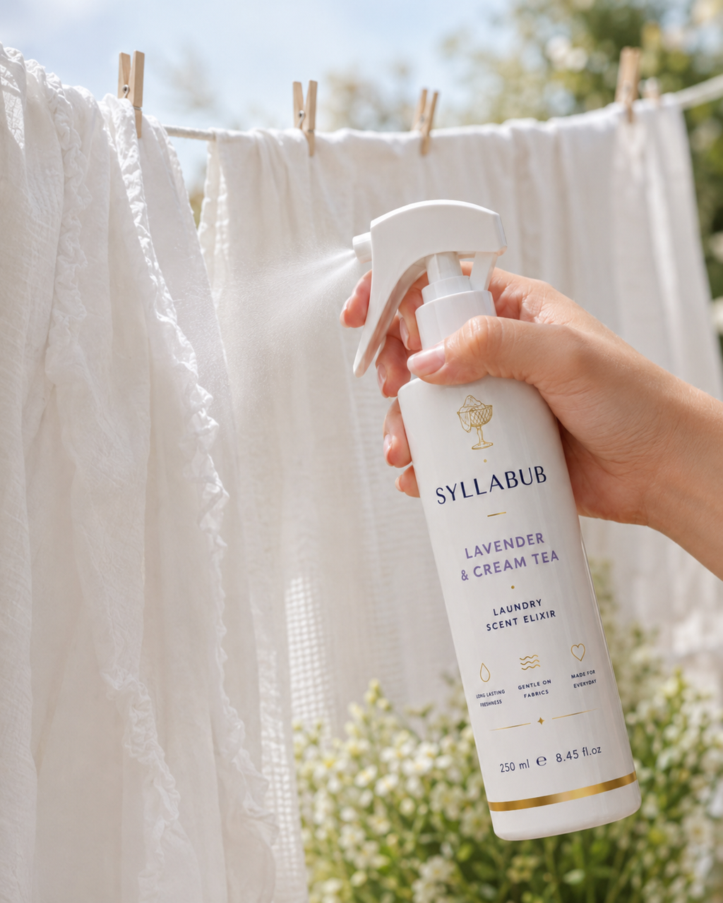 Lavender & Cream Tea Laundry Elixir by SYLLABUB 250ml | Luxury Fabric Fragrance Spray UK