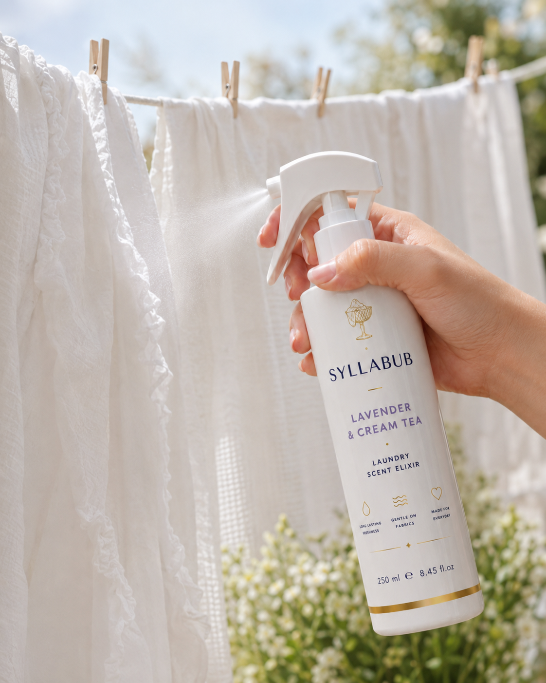 Lavender & Cream Tea Laundry Elixir by SYLLABUB 250ml | Luxury Fabric Fragrance Spray UK